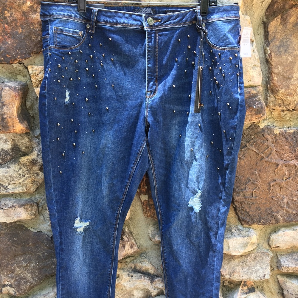 Ashley Stewart NWT LaLa Anthony studded denim skinny high rise jeans size 18